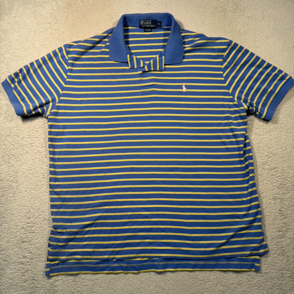 Polo Ralph Lauren Shirt Mens XL Blue Yellow Striped Pink Pony Vintage 90s Preppy